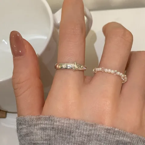 Anello Aperto in Argento Sterling S925 con Rilievo a Stella e Anello di Perline Fatto a Mano Elegante Vintage Gioielli Donna