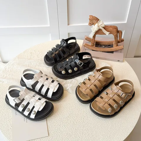 Kids Gladiator Sandals Vintage Roman Style PU Leather Soft Sole Open Toe Summer Beach Shoes With Metal Rivets For Children