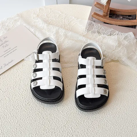 Kids Gladiator Sandals Vintage Roman Style PU Leather Soft Sole Open Toe Summer Beach Shoes With Metal Rivets For Children