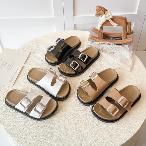Kids Fashion PU Leather Slides Summer Casual Open Toe Sandals With Adjustable Double Metal Buckles Anti-Slip Rubber Sole Shoes For Girls Boys