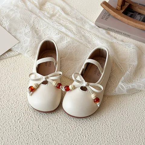 Scarpe Mary Jane con Fiocco per Bambina Scarpe Basse da Principessa Vintage con Perline per Bambini Cachi Beige Marrone Pelle PU