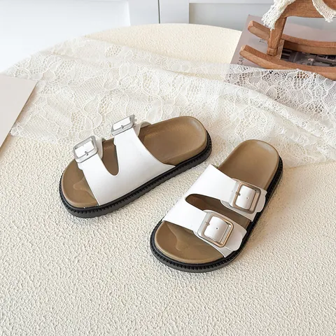 Kids Fashion PU Leather Slides Summer Casual Open Toe Sandals With Adjustable Double Metal Buckles Anti-Slip Rubber Sole Shoes For Girls Boys