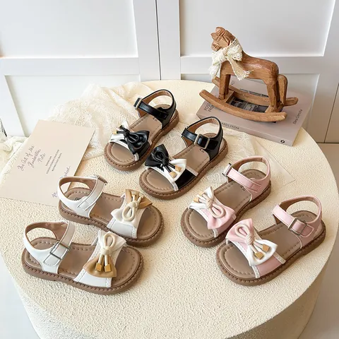 Mädchen Prinzessinnen Sandalen Schleife Patchwork Design PU Leder Sommerschuhe Für Kinder Rutschfeste Flache Sandalen Rosa Schwarz Weiß