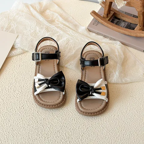 Girls Princess Sandals Bowknot Patchwork Design PU Leather Summer Shoes For Kids Non-Slip Flat Sandals Pink Black White