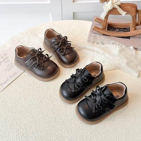 Girls Vintage PU Leather Dress Shoes With Double Bowknot Scalloped Scalloped Edge Scalloped Trim Hook And Loop Princess Shoes For Kids Spring Autumn