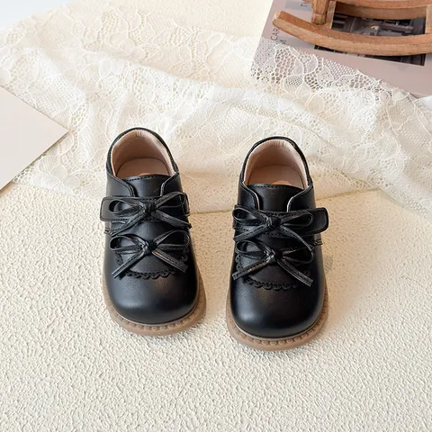 Girls Vintage PU Leather Dress Shoes With Double Bowknot Scalloped Scalloped Edge Scalloped Trim Hook And Loop Princess Shoes For Kids Spring Autumn