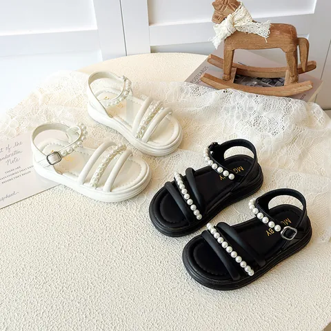 Girls Sweet Pearl Princess Sandals PU Leather Open Toe Beach Shoes With Velcro Closure For Summer Kids Casual Walking