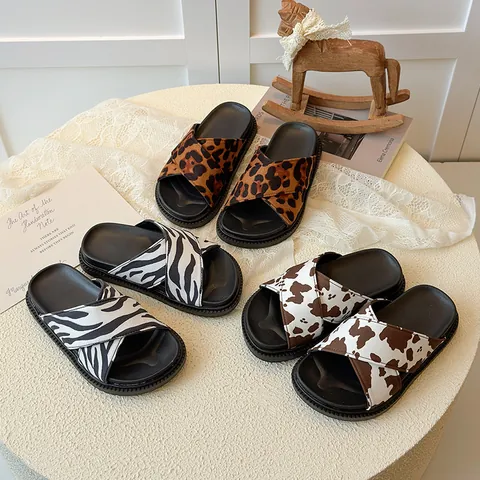 Kids Girls Animal Print Slides Leopard Cow Zebra Pattern Cross Strap Slippers Soft Sole Outdoor Casual Sandals Shoes