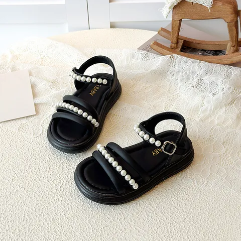 Girls Sweet Pearl Princess Sandals PU Leather Open Toe Beach Shoes With Velcro Closure For Summer Kids Casual Walking