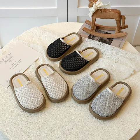Girls Princess Hollow Out Mesh Slippers Kids Summer Breathable Mules Soft Sole Slip On Flat Casual Shoes Black Beige Silver