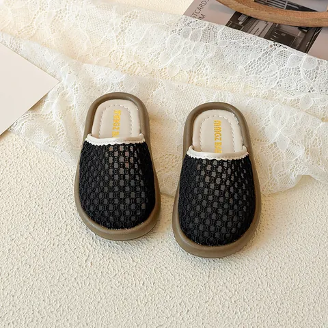 Girls Princess Hollow Out Mesh Slippers Kids Summer Breathable Mules Soft Sole Slip On Flat Casual Shoes Black Beige Silver