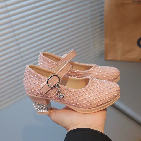 Girls Shiny Rhinestone Princess Shoes Sweet Mary Jane Low Chunky Heel Performance Wedding Party Shoes For Kids Girls
