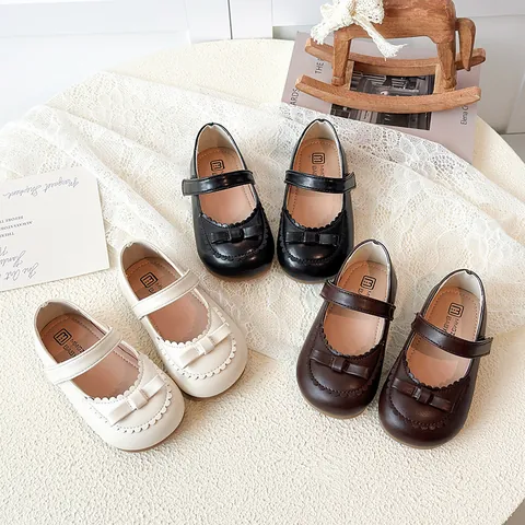 Girls Mary Jane Shoes With Bow Scalloped Edge Soft Sole Princess Shoes Velcro PU Leather Toddler Little Girls Flat Shoes