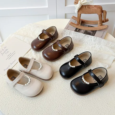 Girls Pearl Mary Jane Shoes PU Leather Round Toe Princess Shoes With Hook And Loop For Toddler Girls Spring Autumn Shoes