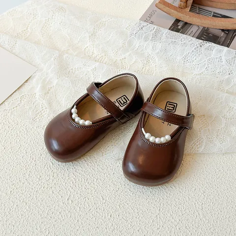 Girls Pearl Mary Jane Shoes PU Leather Round Toe Princess Shoes With Hook And Loop For Toddler Girls Spring Autumn Shoes