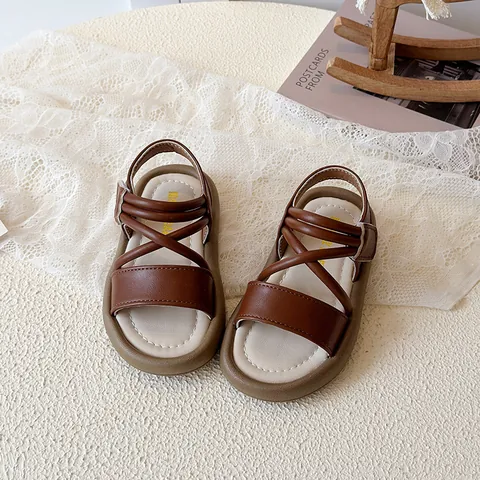 Sandalias de Princesa para Niñas Moda de Verano Versión Coreana Punta Abierta de Cuero PU Sandalias para Niños Con Cierre de Velcro Zapatos de Playa Cómodos Antideslizantes