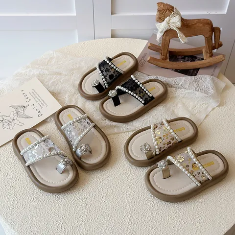 Girls Princess Sandals With Sparkling Sequins Faux Artificial Pearls Rhinestone Flower Toe Ring Soft Sole Toddler Kids Slip On Party Shoes