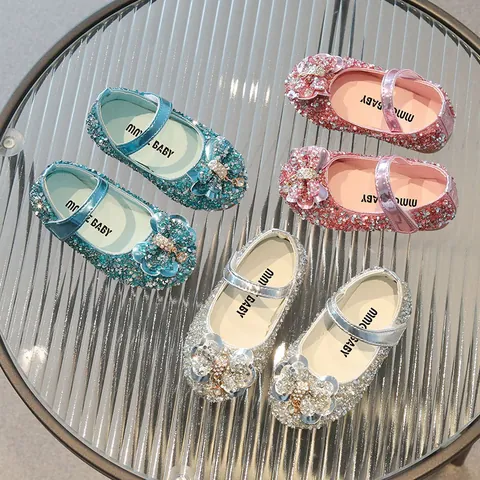 Girls Princess Shoes Sequin Bowknot Mary Jane Flats For Party Wedding Performance Fashionable Soft Sole Non-Slip Children Shoes