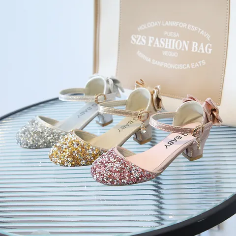 Girls Sequin Princess Shoes Glitter Bow Low Chunky Heel Buckle Strap Crystal Pendant Formal Party Wedding Performance Dress Shoes