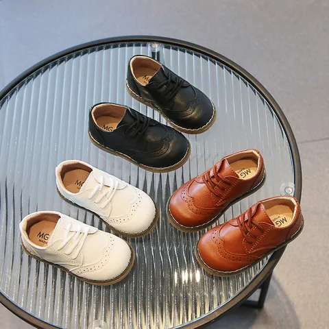 Kids British Style Brogue PU Leather Shoes Lace Up Perforated Formal School Shoes For Boys Girls Comfortable Casual Shoes