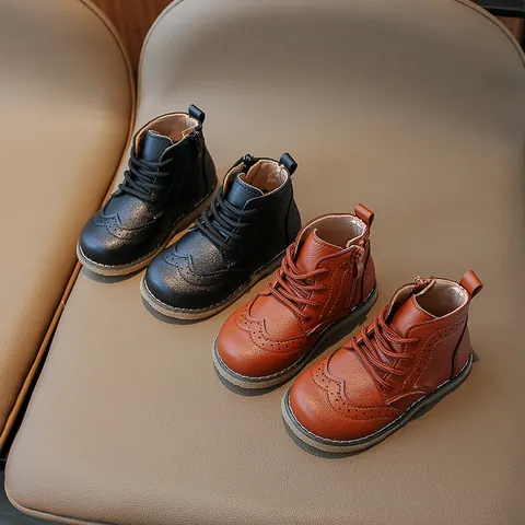 Kids British Style Brogue Martin Boots Retro PU Leather Side Zipper Non-slip Mid-top Shoes For Boys Girls School Daily Wear
