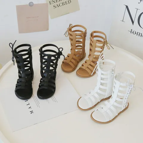 Girls Fashion Gladiator Sandals PU Leather Cut Out High Top Roman Summer Shoes For Little Kids With Side Zipper Bow Decor