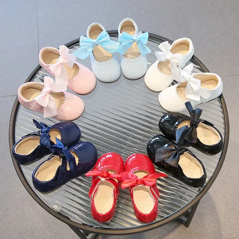Girls Bow Princess Mary Jane Shoes Toddler Kids Patent Leather Look Scalloped Wedding Party Dance Flat Shoes Velcro