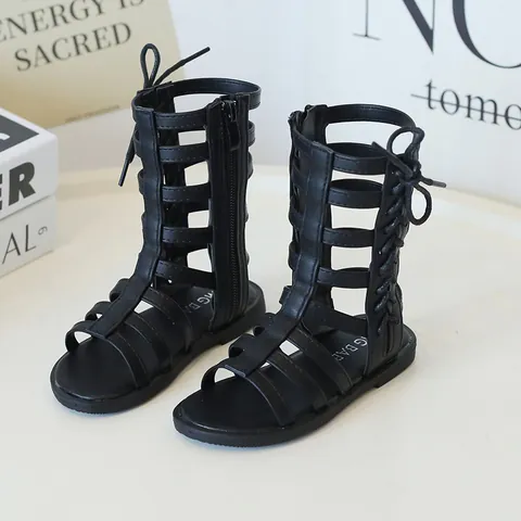 Girls Fashion Gladiator Sandals PU Leather Cut Out High Top Roman Summer Shoes For Little Kids With Side Zipper Bow Decor
