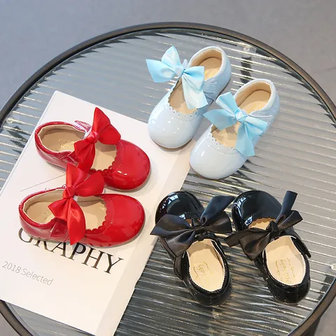 Girls Bow Princess Mary Jane Shoes Toddler Kids Patent Leather Look Scalloped Wedding Party Dance Flat Shoes Velcro