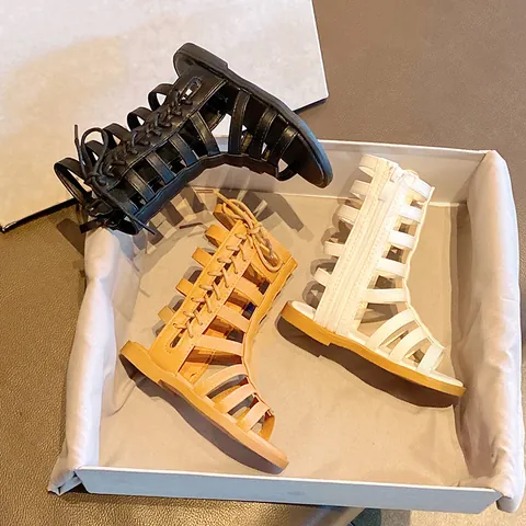 Girls Roman Gladiator Sandals High Top Hollow Out Strappy Princess Shoes With Side Zipper Kids Summer Fashion Casual Flat Sandals