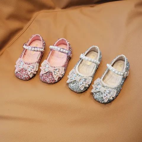 Girls Princess Shoes Rhinestone Bow Pearl Mary Jane Shoes Glitter Party Wedding Dress Shoes For Toddler Little Girls