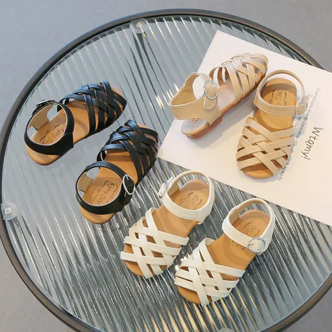 Girls Summer Woven Sandals Kids Soft Sole Open Toe Beach Shoes Princess Buckle Strap Casual Footwear For Little Girls