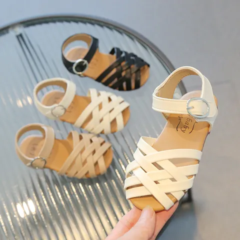Girls Summer Woven Sandals Kids Soft Sole Open Toe Beach Shoes Princess Buckle Strap Casual Footwear For Little Girls