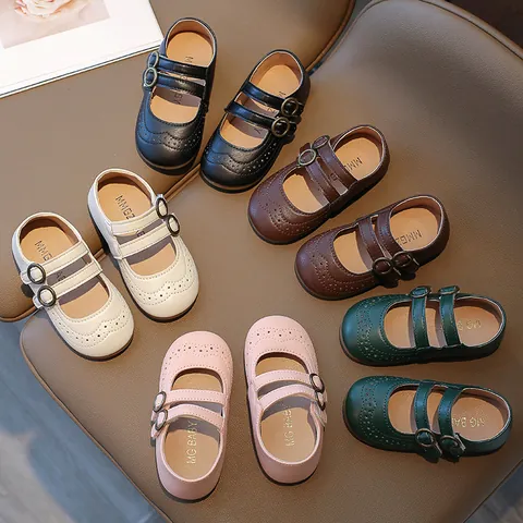 Girls Retro Mary Jane Shoes Double Buckle Brogue Perforated Princess Flats Toddler Kids Soft Sole Breathable School Shoes
