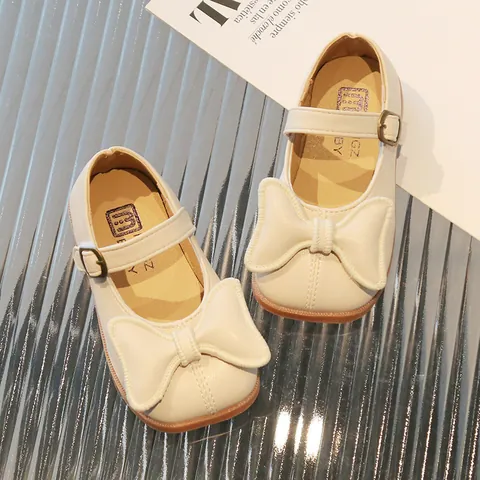 Chaussures Mary Jane Princesse pour Filles Nœud Papillon Auto-agrippant Semelle Souple Chaussures Plates de Fête Noir Beige