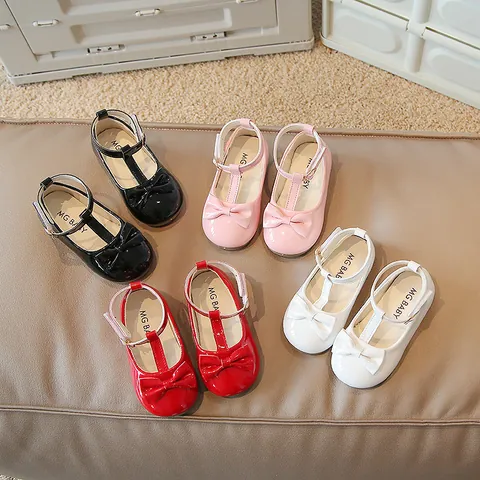 Girl Mary Jane Shoes Patent Leather Princess Bow T-Strap Soft Sole Flat Dress Shoes Toddler Kids Walking Shoes