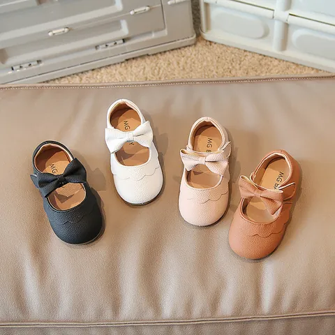 Toddler Girls Mary Jane Shoes Soft Sole Bow Princess Flats Lychee Grain PU Leather Baby First Walker Shoes For Wedding Party