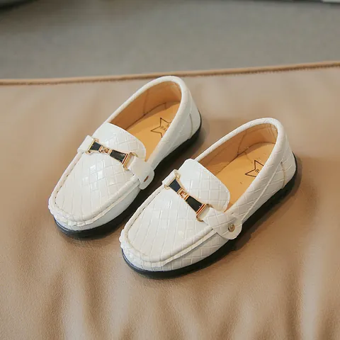 Kids Woven Texture PU Leather Loafers Korean Style Slip-On Casual School Dress Shoes For Boys Girls With Metal Horsebit