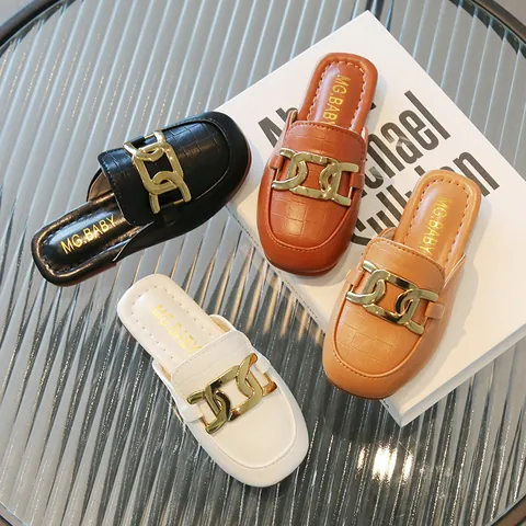Mädchen Kinder Mules Hausschuhe PU-Leder Krokodil Geprägte Loafer Mit Metallkette Gold Dekoration Lässige Flache Slipper