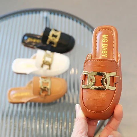 Mädchen Kinder Mules Hausschuhe PU-Leder Krokodil Geprägte Loafer Mit Metallkette Gold Dekoration Lässige Flache Slipper