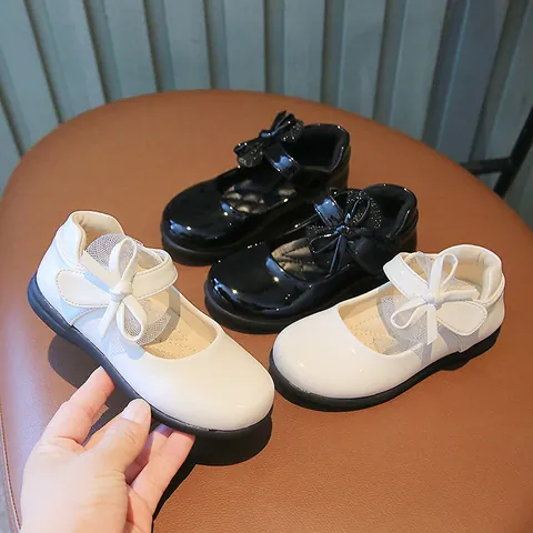 Chaussures Mary Jane pour Filles en Cuir Verni avec Nœud et Maille Chaussures de Princesse Semelle Souple Auto-agrippante pour École Mariage Fête