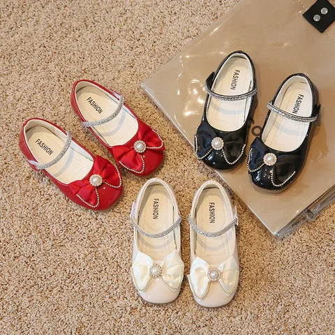Kids Girls Mary Jane Shoes Sweet Satin Bow Princess Shoes With Rhinestone Artificial Pearl Accents Soft Sole Wedding Party Flat Shoes