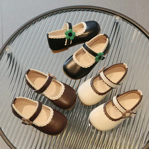 Scarpe Mary Jane da Ragazza in Pelle PU Ballerine da Principessa Con Decorazione Floreale Bordo Ondulato Per Scuola