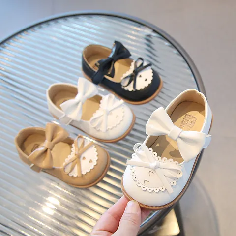 Girls Mary Jane Shoes Princess Single Shoes Bowknot Heart Cutout Soft Sole Hook And Loop Toddler Little Kid Party Wedding Shoes