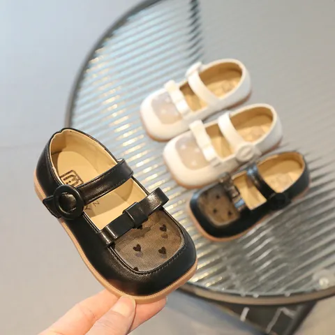 Chaussures Mary Jane Filles Cuir PU Maille Coeur Respirant Chaussures Princesse Avec Nœud Chaussures Plates Pour Mariage Fête