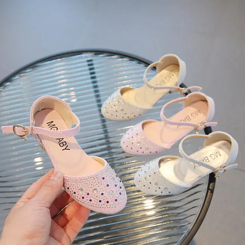 Girls Rhinestone Princess Shoes Mary Jane Glitter Sequins Low Heel Wedding Party Dress Shoes For Kids Students