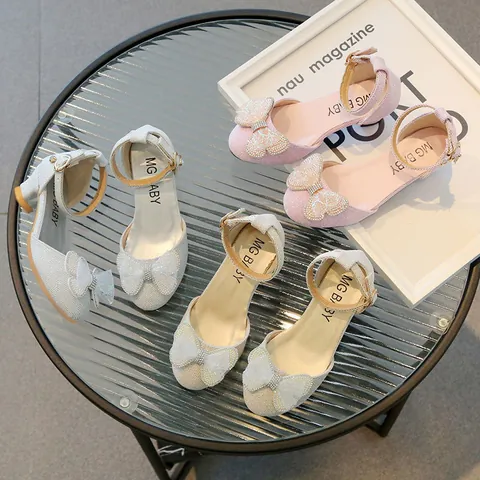 Girls Princess Shoes Rhinestone Bow Artificial Pearl Performance Single Shoes Elegant Wedding Party Dress Shoes For Children