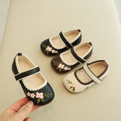 Girls Mary Jane Princess Shoes Embroidered Flower PU Leather Soft Sole Flat Shoes For Toddler School Wedding Performance
