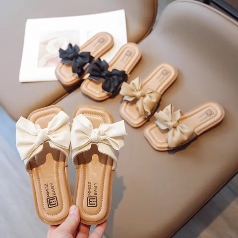 Girls Summer Bow Sandals Kids Square Toe Flat Slippers PU Leather Soft Sole Slide Sandals For Toddler Little Big Kids