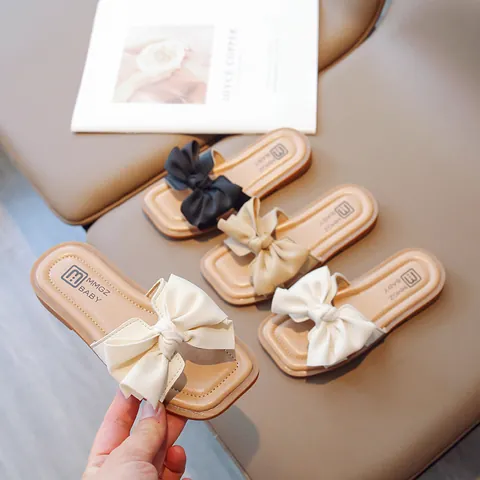 Girls Summer Bow Sandals Kids Square Toe Flat Slippers PU Leather Soft Sole Slide Sandals For Toddler Little Big Kids